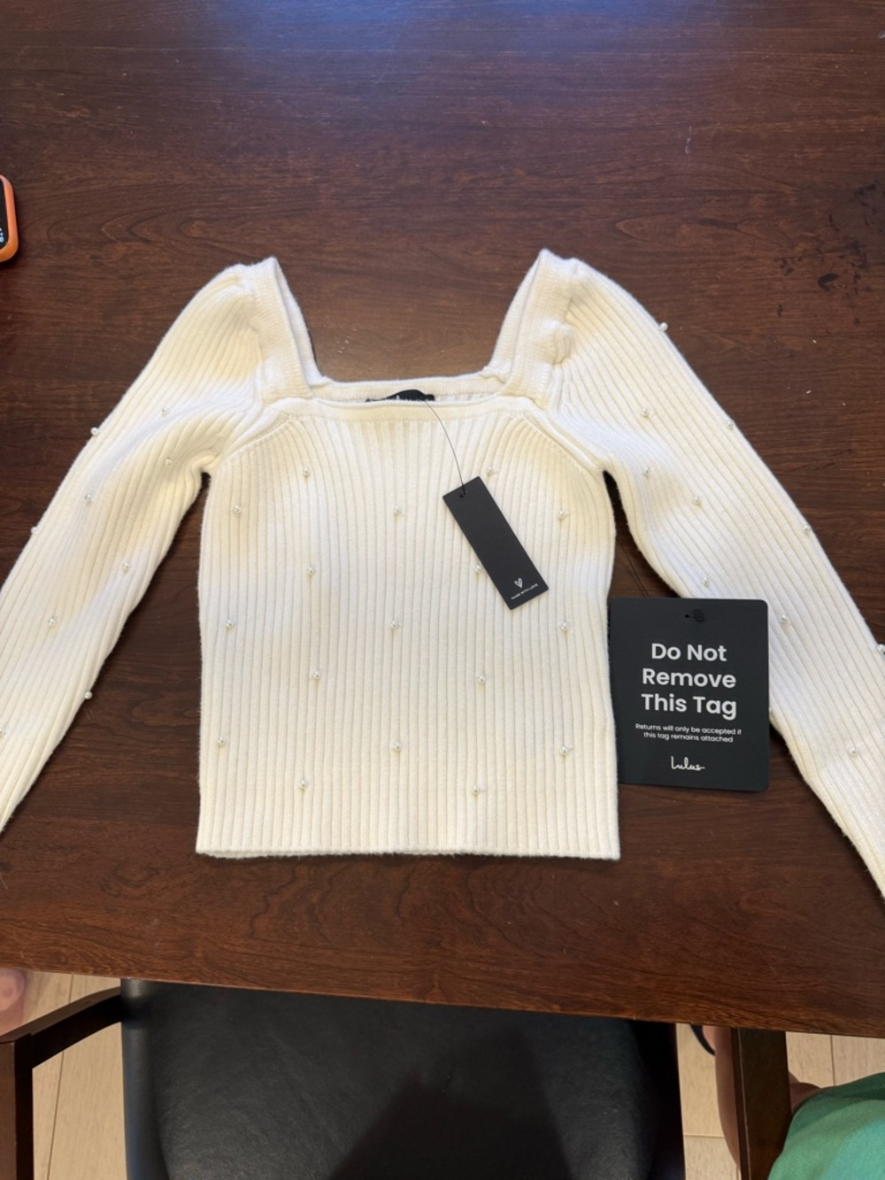 Lulu's White Ribbed Sweater with Pearl Accents